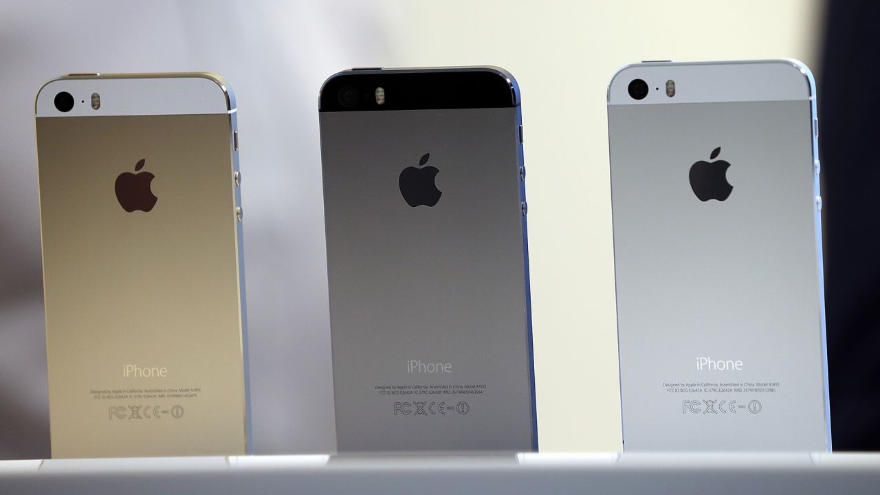 The new iPhone 5S is displayed during an Apple product announcement at the Apple campus on September 10, 2013 in Cupertino, California.