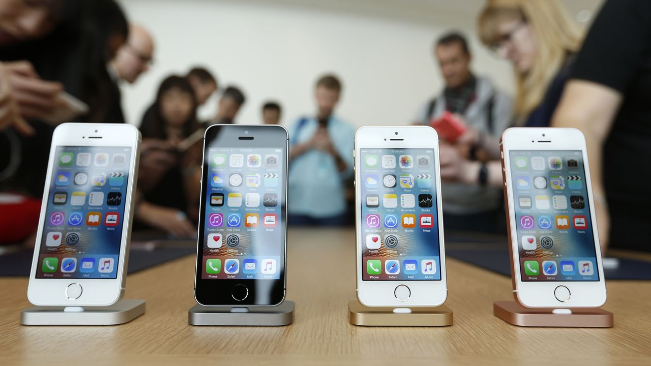 The new iPhone SE is seen on display during an event at the Apple headquarters in Cupertino, California on March 21, 2016.