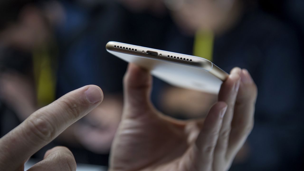 The lightning connecting port is seen on an Apple Inc., iPhone 7 Plus during an event in San Francisco, California, on September 7, 2016.