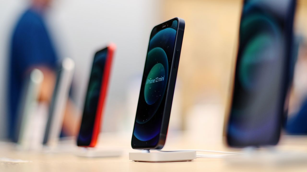 The Apple iPhone 12 Mini is seen on display at the Apple flagship store during a product launch event in Sydney, Australia, on November 13, 2020.