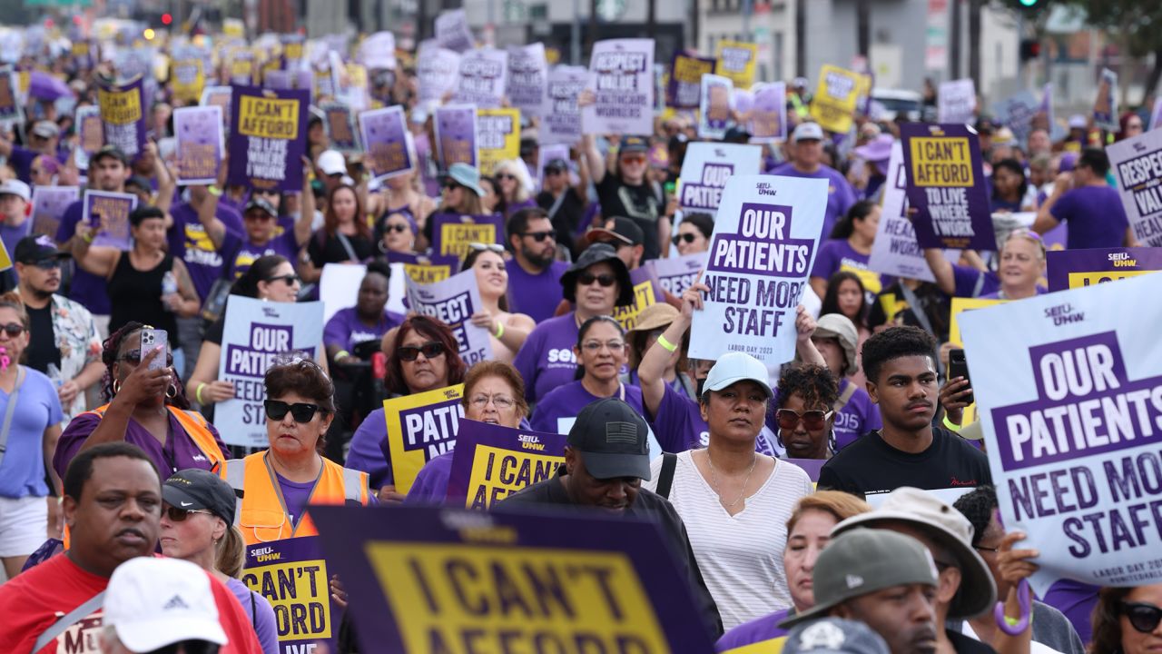 Healthcare workers take part in a rally at Kaiser Permanente's main medical facility in Kaiser P on Monday, Sept. 4, 2023 in Los Angeles, CA.